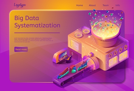 Big Data Systematization Isometric Vector Web Banner with Supercomputer Converting Fragmented Information in Infographics Report or Forecast. Artificial Intelligence for Data Analysis Online Serviceのイラスト素材