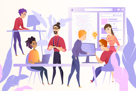 Online Startup Development Cartoon Vector Concept with Young Web Developers, Programmers or Coders Team Working Together at Office, Discussing Ideas, Correcting and Optimizing Code, Developing Websiteのイラスト素材