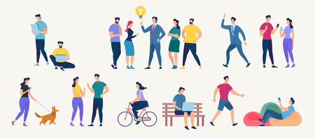 Social Network and Teamwork Concept. Communication systems and Digital Technologies. Networking People and Human Communication Set. Men and Women Talk. Flat style Vector Illustration.のイラスト素材