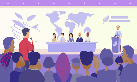International Ecological Scientific Conference Cartoon Vector Concept with Members of Presidium Siting at Desk on Stage, Speaker Standing Behind Tribune and Journalist Asking Question from Audienceのイラスト素材