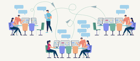 Social Network and Teamwork Concept. App for Information Exchange Online. Communication systems and Digital Technologies. Networking People Set. Office and Messaging. Flat style Vector Illustration.のイラスト素材