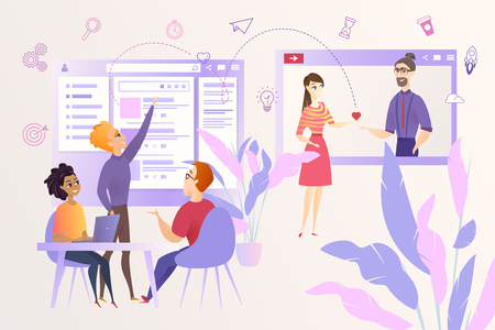 Social Network Users Activity Predicting and Analysis Cartoon Vector Concept with Young Internet Marketers, Sociologists or Web Developers Discussing Social Network Visitors Behavior. Dating Startupのイラスト素材