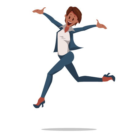 Office Fun. Woman Office Workers Jumping Up. Corporate Culture in Company. Cheerful Working Day. Happy Woman at Work in Office. Employee enjoys Success. Woman in suit is Smiling. Vector Illustration.のイラスト素材