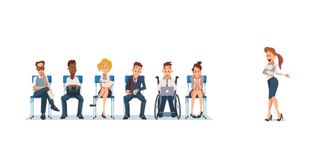 Job Interview and Recruiting. Human Resources Interview Recruitment Job Concept. People sitting in Office. Recruitment Banner Set with Candidates for Work. Vector Illustration Flat style.のイラスト素材
