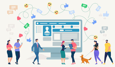 Social Network Site and Emoji Art Concept. Communication systems, Digital Technologies and Messaging. Networking People and Communication Set. People Connecting. Flat style Vector Illustration.のイラスト素材
