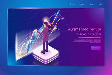 Augmented Reality for Finance Analytics Isometric web Banner with Businessman Analyzing Indicators Curves on Virtual Infographics. Financial Analytics Online Service Web Page Template with Hyperlinksのイラスト素材