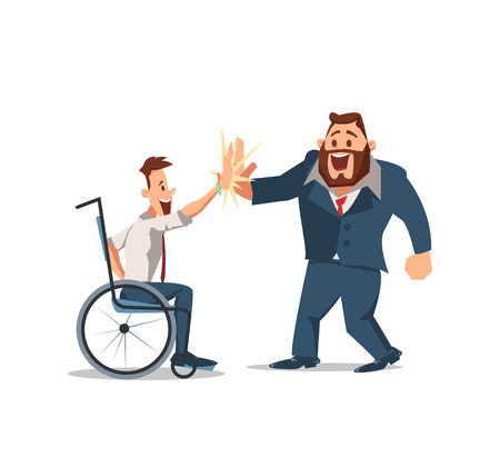 Office Fun Concept. Coworking Workspace. People Work in Office. Happy Workers in Workplace. Corporate Culture in Company. Invalid in Wheelchair at Office. Business Teamwork. Vector Flat Illustration.のイラスト素材
