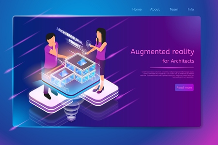 Augmented Reality for Architects Isometric Web Banner with Man and Woman Working with House or Public Building Virtual Project. Innovative Architectural Company Internet Site Template with Hyperlinksのイラスト素材