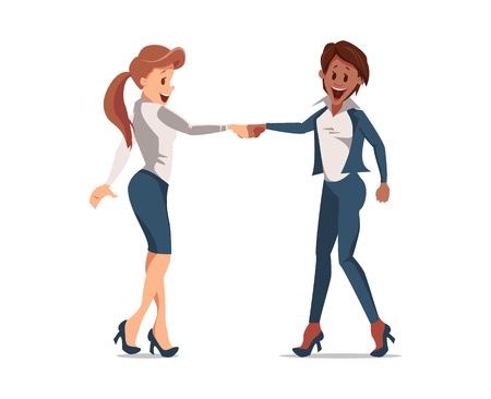 Handshake two Colleagues. Office Fun. People Work in Office. Happy Workers in Workplace. Corporate Culture in Company. Cheerful Working Day. Female Colleagues at Work. Vector Illustration.のイラスト素材
