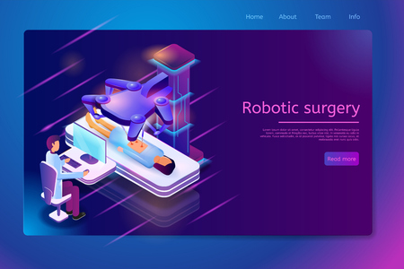 Robotic Surgery Isometric Web Banner with Surgeon Sitting at Desk with Computer Monitor and Perform Surgical Operation with Robotic Laser Scalpel to Patient Lying on Couch. Future Clinic Landing Pageのイラスト素材