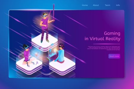 Gaming in Virtual Reality Isometric Web Banner with Female and Male Gamers in VR Goggles Playing Video Games. Internet Gaming Service, Computer Games Online Shop Landing Page Template with Hyperlinksのイラスト素材