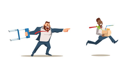 Dismissed, Loss Job. Angry Boss Dismiss Employee. Office Worker Fired for Bad Work. Unemployment and Job Reduction Concept. Bad Working Day. Fired Man carrying Box. Vector Illustration Flat style.のイラスト素材