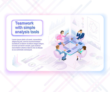 Teamwork with Simple Analysis Tools Isometric Vector Concept with Female and Male Business Persons at Meeting, Using Computer Tablets and Virtual Infographics to Analyze Company Financial Indicatorsのイラスト素材