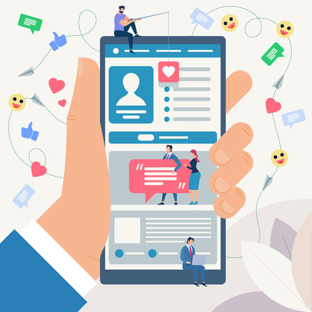 Social Network Site and Emoji Art Concept. Communication systems, Digital Technologies and Messaging. Networking People and Communication Set. People Connecting. Flat style Vector Illustration.のイラスト素材