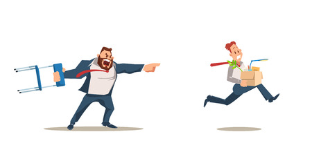 Dismissed, Loss Job. Angry Boss Dismiss Employee. Office Worker Fired for Bad Work. Unemployment and Job Reduction Concept. Bad Working Day. Fired Man carrying Box. Vector Illustration Flat style.のイラスト素材