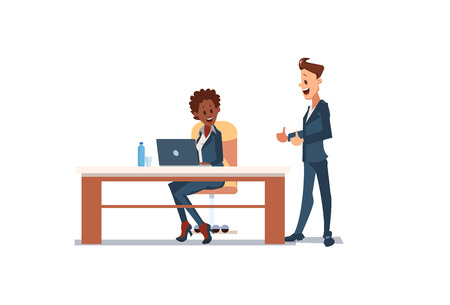 People Work in Office. Happy Worker in Workplace. Office Fun. Corporate Culture in Company. Cheerful Working Day. Smiling People at Work. Happy Office Workers. Vector Flat Illustration.のイラスト素材