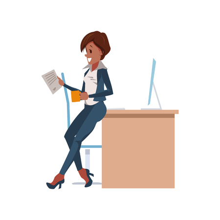 Woman is Working at Table in Office. Happy Worker in Workplace. Office Fun. Corporate Culture in Company. Cheerful Working Day. Happy Woman at Work in Office. Vector Flat Illustration.のイラスト素材