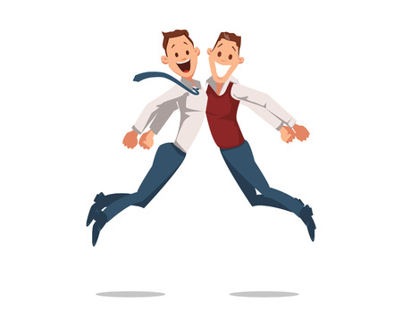 Happy Office Workers Jumping up. Office Fun. People Work in Office. Happy Workers in Workplace. Corporate Culture in Company. Cheerful Working Day. Colleagues at Work. Vector Illustration.のイラスト素材