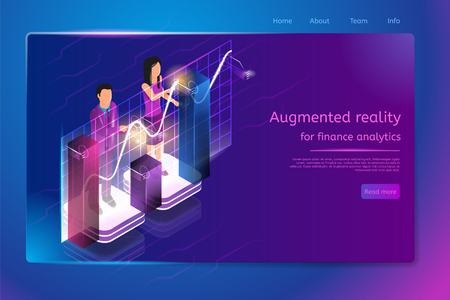 Augmented Reality for Finance Analytics Isometric Web Banner with Businesspeople Analyzing Indicators Curves and Statistics Data Columns on Virtual Infographics. Future Digital Services for Businessのイラスト素材