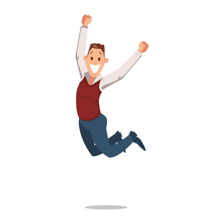 Office Fun. Office Workers Jumping Up. Corporate Culture in Company. Cheerful Working Day. Happy Man at Work in Office. Employee enjoys Success. Man in suit is Smiling. Vector Illustration.のイラスト素材