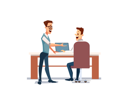People Work in Office. Happy Worker in Workplace. Office Fun. Corporate Culture in Company. Cheerful Working Day. Happy mans at Work. Happy Office Workers. Vector Flat Illustration.のイラスト素材