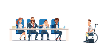 Job Interview and Recruiting Concept. Human Resources in Office. Teamwork during Interview. People Work in Office. invalid in wheelchair at Job Interview in Office. Vector Illustration Flat style.のイラスト素材