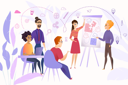 Business Team at Work Cartoon Vector Concept with Group of Young Business People Working Together at New Project, Brainstorming Ideas, Planing Strategy, Searching Problem Solution, Discussing Visionのイラスト素材
