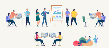 Network and Teamwork Concept. Communication systems, Digital Technologies and Crowdsourcing. Networking People Set. Office Flipchat and Messaging. People Work in Office. Flat Vector Illustration.のイラスト素材