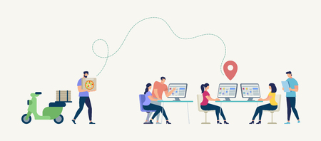 Online Pizza Order. Cartoon Courier going on Scooter. Orders Food in Office Online. Communication systems and Digital Technologies. Networking People Set. Flat Vector Illustration.のイラスト素材