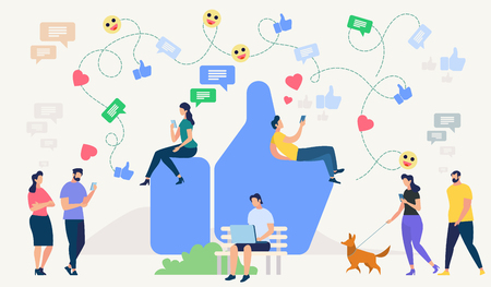 Social Network Site and Emoji Art Concept. Communication systems, Digital Technologies and Messaging. Networking People and Communication Set. People Connecting. Flat style Vector Illustration.のイラスト素材