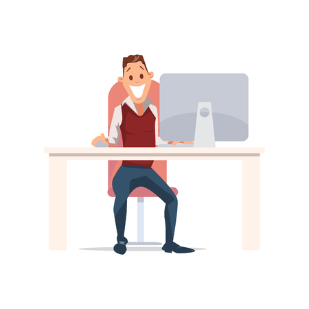 Happy Man Work in Office. Worker in Workplace. Office Fun. Corporate Culture in Company. Cheerful Working Day. Happy Office Workers. Businessman Working at Computer. Vector Flat Illustration.のイラスト素材