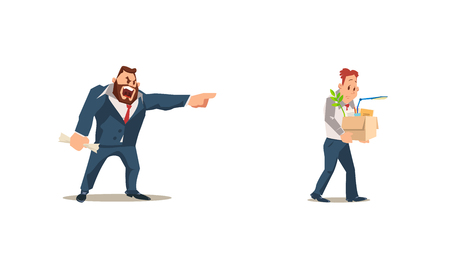 Dismissed, Loss Job. Angry Boss Dismiss Employee. Office Worker Fired for Bad Work. Unemployment and Job Reduction Concept. Bad Working Day. Fired Man carrying Box. Vector Illustration Flat style.のイラスト素材