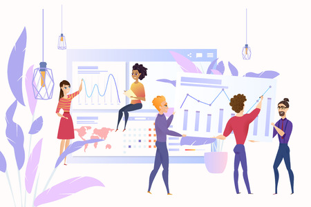 Analyzing Big Data Cartoon Vector Concept with Business Team of Young People Working Together to Collect and Analyze Statistic Data, Financial Indicators or Stock Exchange Fluctuations on Infographicsのイラスト素材