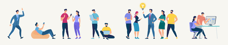 Social Network and Teamwork Concept. Communication systems and Digital Technologies. Networking People and Human Communication Set. Men and Women Talk. Flat style Vector Illustration.のイラスト素材