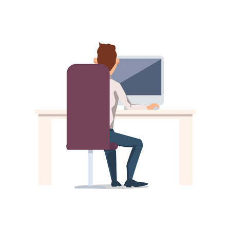 Happy Man Work in Office. Worker in Workplace. Office Fun. Corporate Culture in Company. Cheerful Working Day. Happy Office Workers. Businessman Working at Computer. Vector Flat Illustration.のイラスト素材