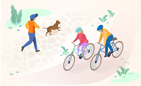 Physical Activity and Leisure in City Park Flat Vector Concept with People Characters Running and Playing with Dog, Riding Bicycle. Modern City Public Spaces, Recreational and Cycling Infrastructureのイラスト素材