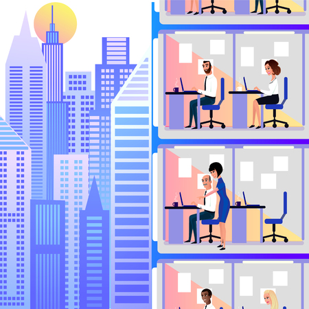 Office Workers, Company Clerks or Government Officials Working at Their Office Workplaces in City Skyscraper During Work Day Cartoon Vector Illustration. Office Plankton, Office Work Daily Routineのイラスト素材