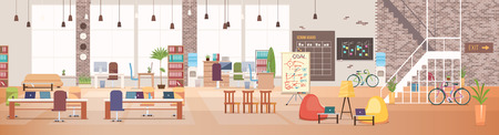 Office Interior and Workspace. Modern Office Desktop in Coworking Workspace. Optimization of Workplace. Open Space Office with Furniture. Working Space with Furniture. Flat Vector Illustration.のイラスト素材