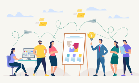 Network and Teamwork Concept. Communication systems, Digital Technologies and Crowdsourcing. Networking People Set. Office Flipchat and Messaging. People Work in Office. Flat Vector Illustration.のイラスト素材