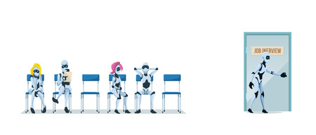 Job Interview Recruiting and Robots. Modern Technologies and Artificial Intelligence in Office. Recruitment Banner Set with Bots Candidates for Work. Vector Illustration Flat style.のイラスト素材