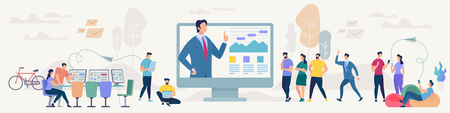 Social Network and Teamwork Concept. Communication systems and Digital Technologies. Networking People and Human Communication Set. Men and Women Talk. Flat style Vector Illustration.のイラスト素材