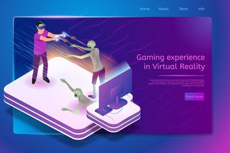Gaming Experience in Virtual Reality Isometric Web Banner with Man in VR Glasses, Shooting Zombies with Pistols while Playing Console Video Game. Gaming Company Landing Page Template with Hyperlinksのイラスト素材