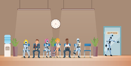 Job Interview Recruiting and Robots. Human Resources Interview Recruitment Job Concept. Modern Technologies in Office. Recruitment banner Set with Candidates for Work. Vector Illustration Flat style.のイラスト素材