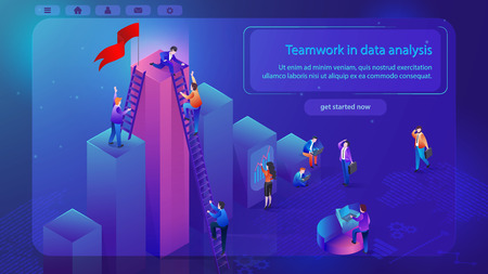 Teamwork in Data Analysis Isometric Vector Web Banner with Working Business People Using Laptop, Climbing on Top of Infographics Column with Ladder. Financial Consulting Startup Landing Page Templateのイラスト素材