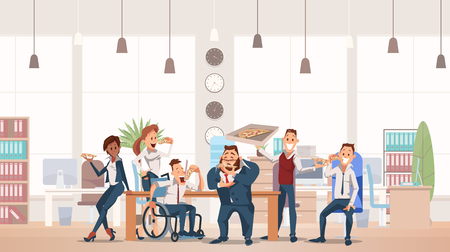 Lunch Time Concept. Coworkers having Break for Lunch with Pizza. Office Fun. Happy Workers in Workplace. People Work in Office. Corporate culture in Office Space. Vector Flat Illustration.のイラスト素材