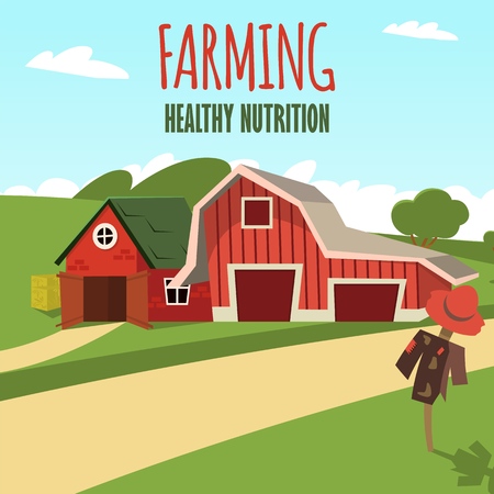 Vector concept image farming rural landscape. Vector illustration of a cartoon a wooden red farm with a hangar on the outskirts of a rural village. The concept of clean living far from the metropolisのイラスト素材