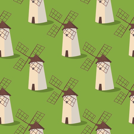 Set vector image pattern windmills on the grass. Vector illustration of seamless image of the sets of windmills on green background. The concept of gift wrapping, cards, paper bagsのイラスト素材