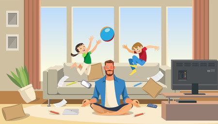 Father in a state of stress with playing children. Home stress concept with cartoon characters. Vector illuctration of parent and children at living room modern interior.のイラスト素材