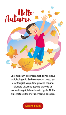 Girl playing in the park throwing up leaves. Cartoon banner vector illustration isolated on white background. The concept of outdoor recreation for children the park.のイラスト素材