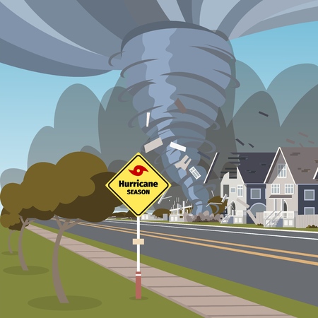 Vector illustration of a destructive hurricane. Vector illustration of a cartoon hurricane destroying a residential buildings on its way. The concept of climate threat to the populationのイラスト素材